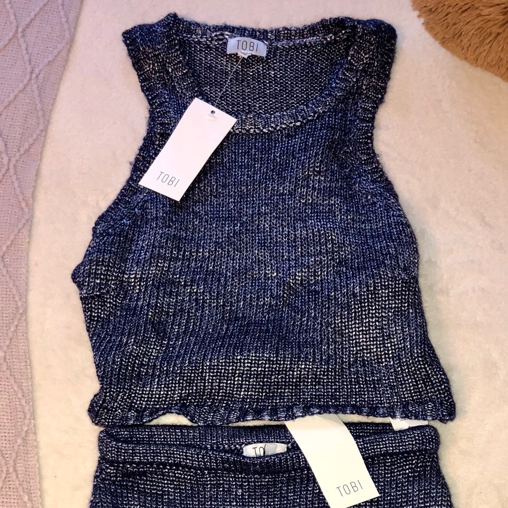 Two-piece metallic/navy crochet set from TOBI